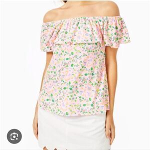 Lilly Pulitzer Cream Ruffled Off-Shoulder Fruit Top Size XXS